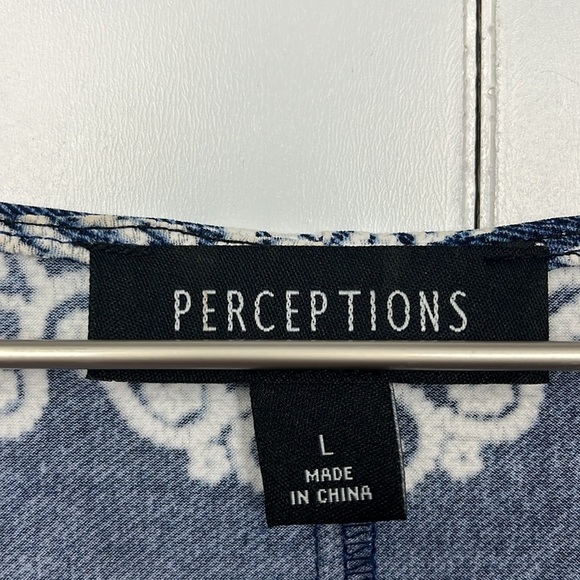 Perceptions Womens Dress L Blue/White Short Sleeves w/Ties Faux Embroidery Aztec - Picture 2 of 10